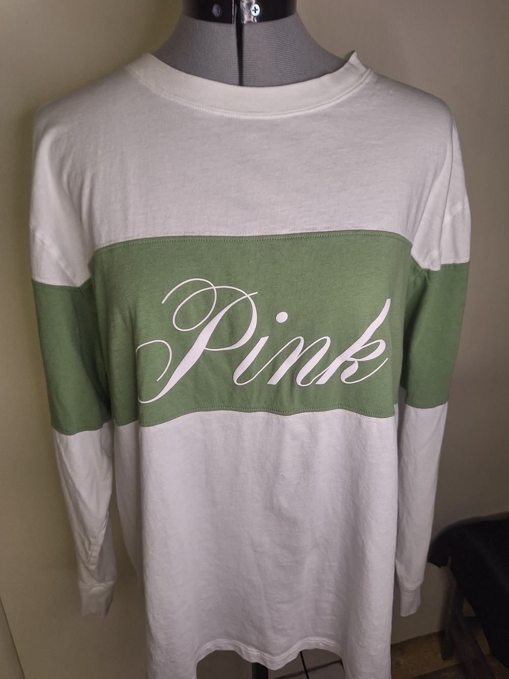PINK by Victoria's Secret White & Olive Green Long-Sleeve Tee Size Med